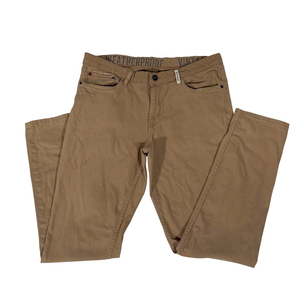 Weatherproof Vintage Mens Slim Fit Tan Khaki Pants 36x32 Stretch 5-Pocket Chinos - Picture 1 of 12